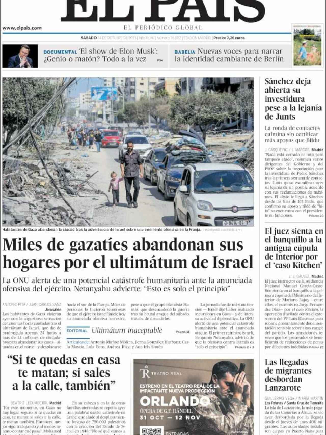 Portada de 'El País' de 14 de octubre de 2023