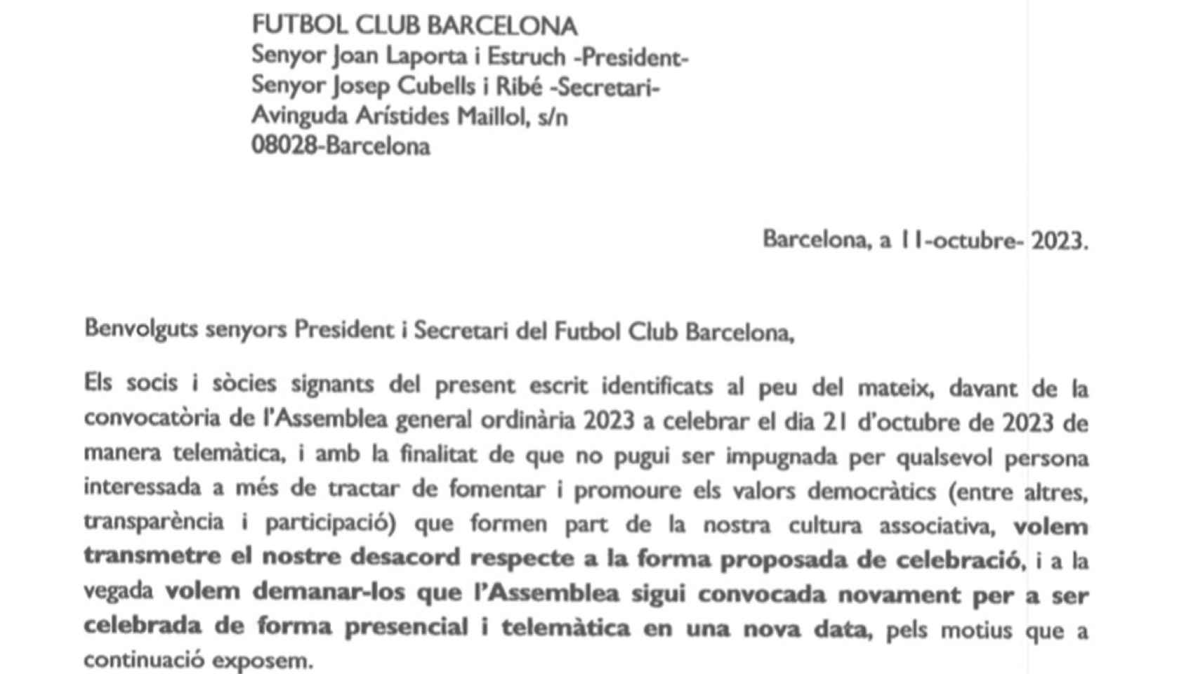 Fragmento del burofax contra la asamblea telemática del Barça
