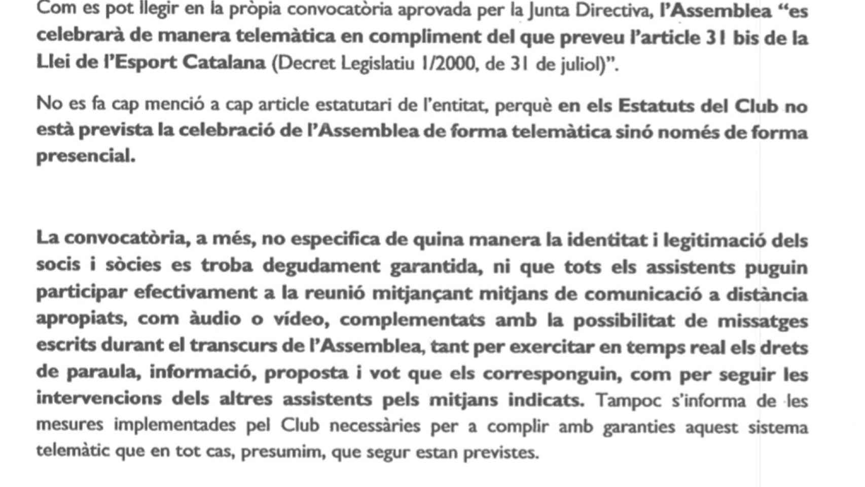Segundo fragmento del burofax contra la asamblea telemática del Barça