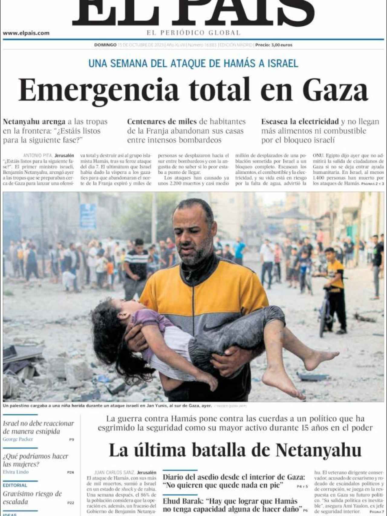 Portada de 'El País' de 15 de octubre de 2023