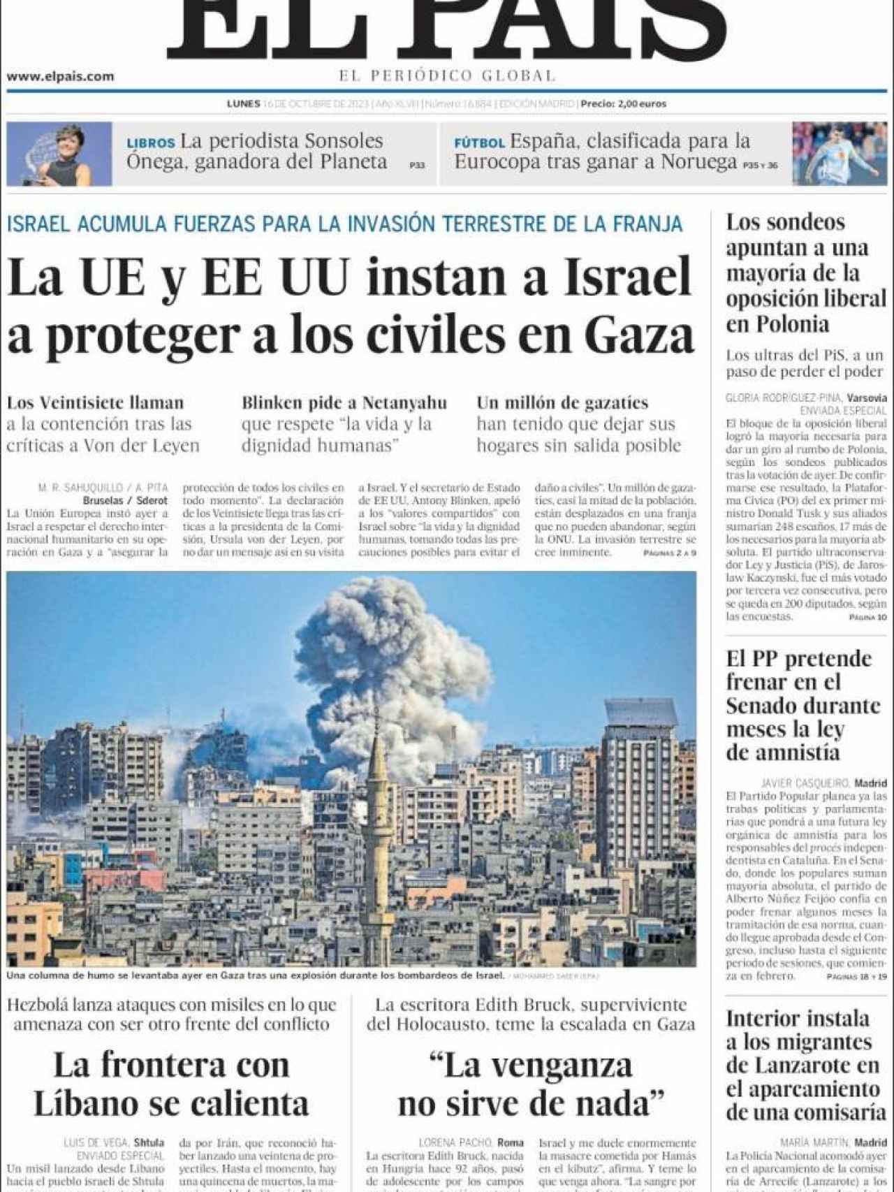 Portada de 'El País' de 16 de octubre de 2023