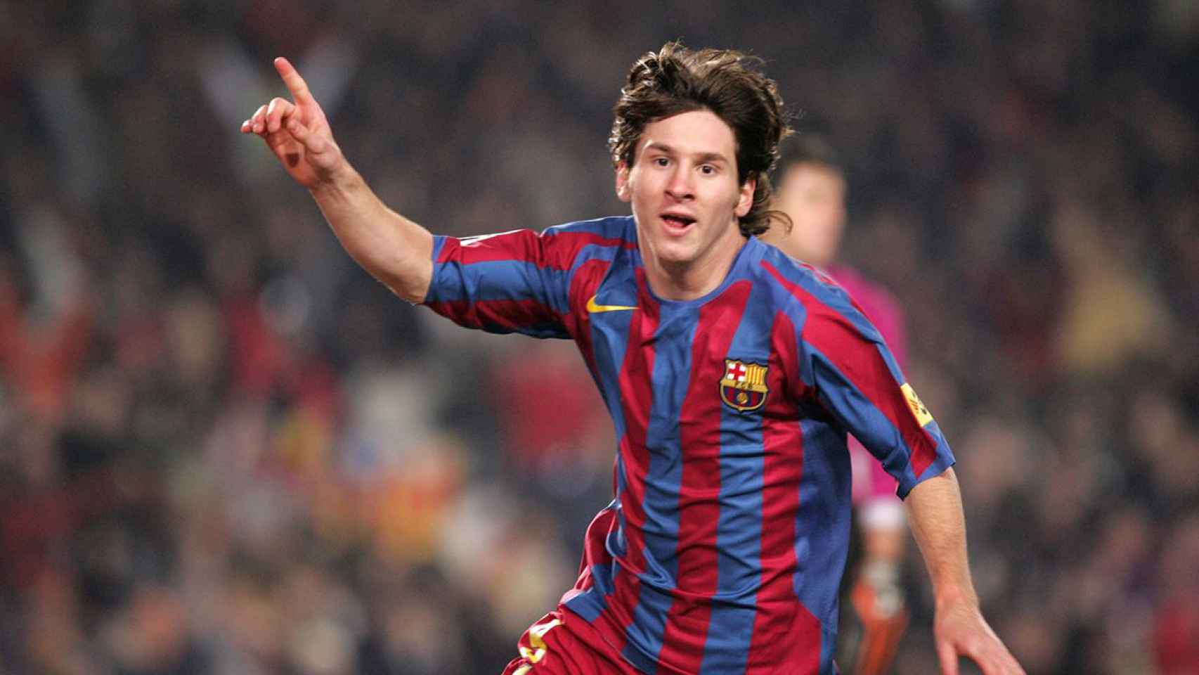 Leo Messi, celebrando su primer gol con la camiseta del Barça