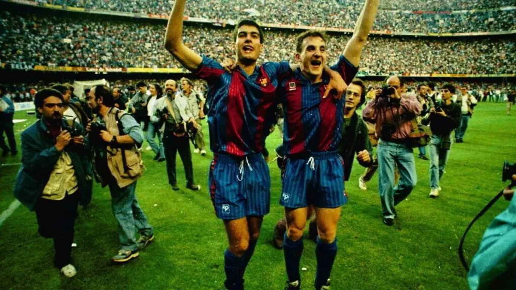 Guardiola y Ferrer, eufóricos tras ganar la Liga de 1992