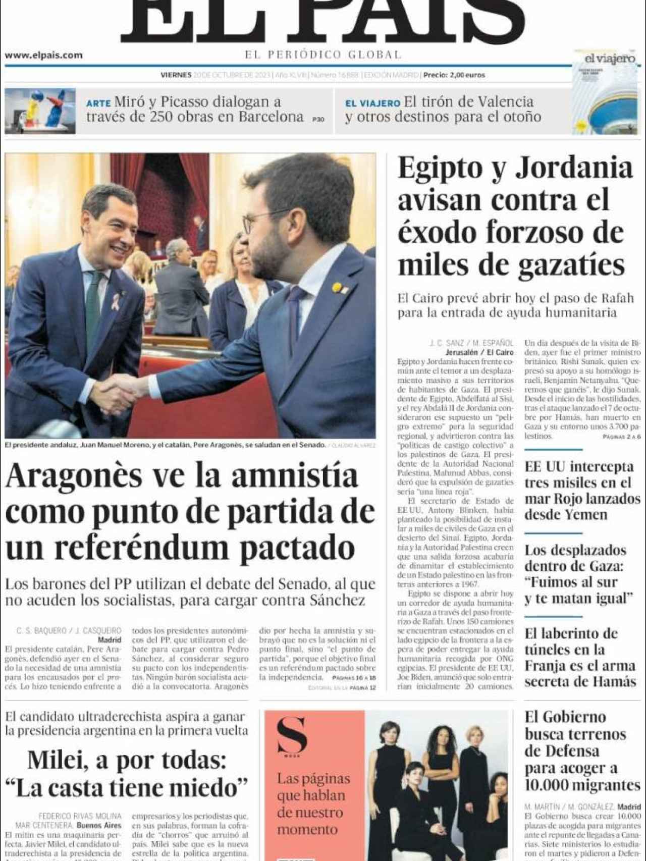 Portada de 'El País' de 20 de octubre de 2023