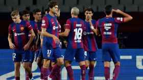 El Barça, celebrando el gol de Ferran Torres contra el Shakhtar