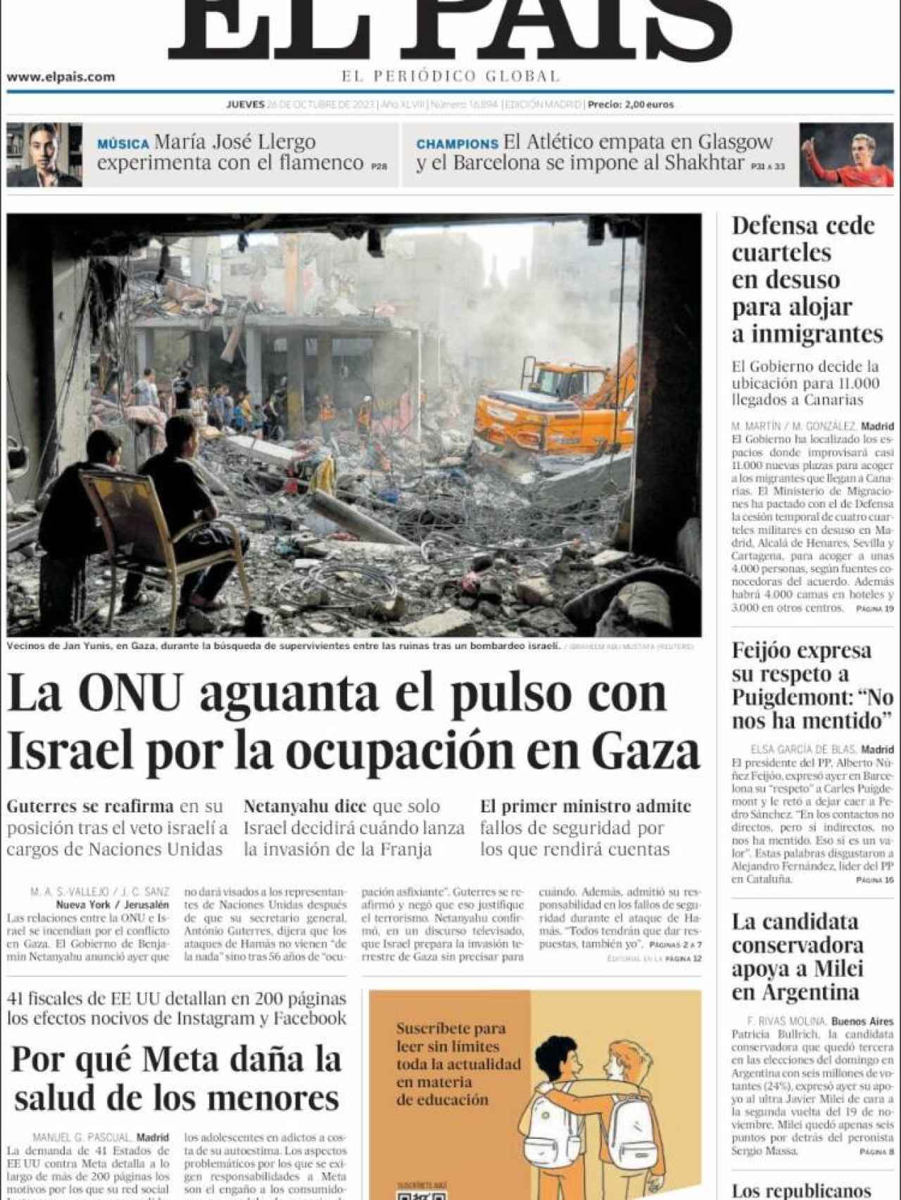Portada de 'El País' de 26 de octubre de 2023