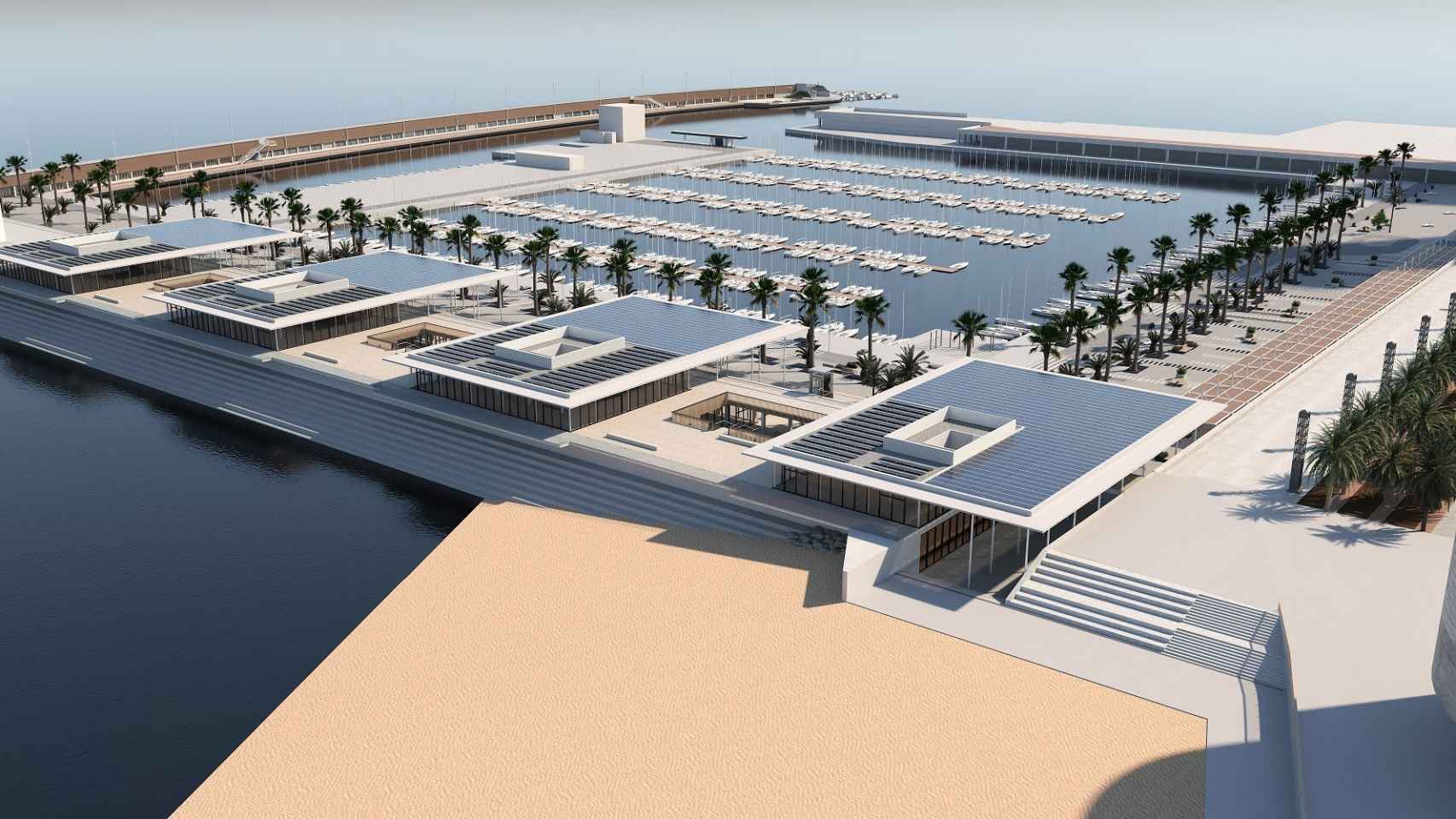 Imagen de la gran pérgola fotovoltaica que cubrirá la nueva zona de restauración del Port Olímpic