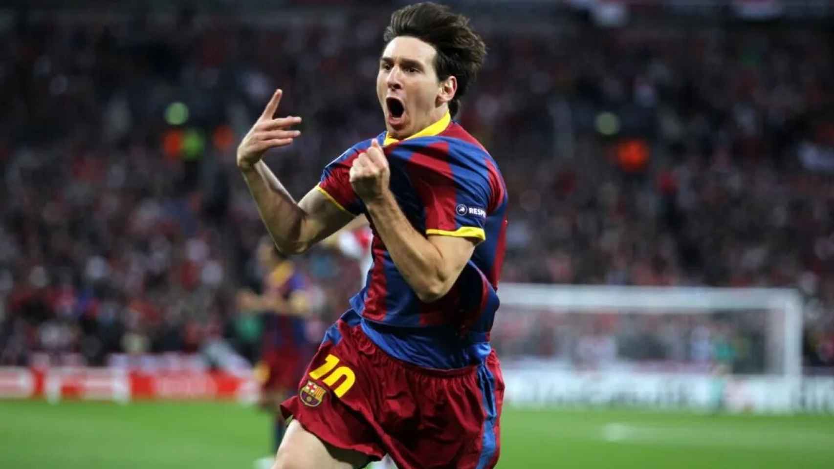 Leo Messi celebra su gol al Manchester United en la final de la Champions de 2011
