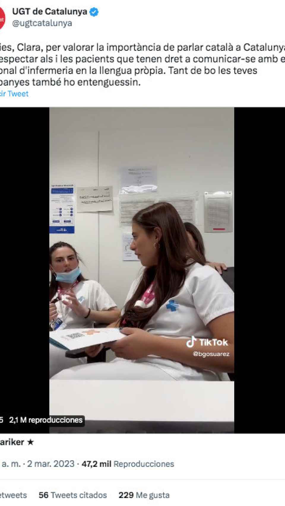 La cuenta de @UGTCatalunya, criticando a la enfermera andaluz que criticó tener que sacarse el nivel C1 de catalán