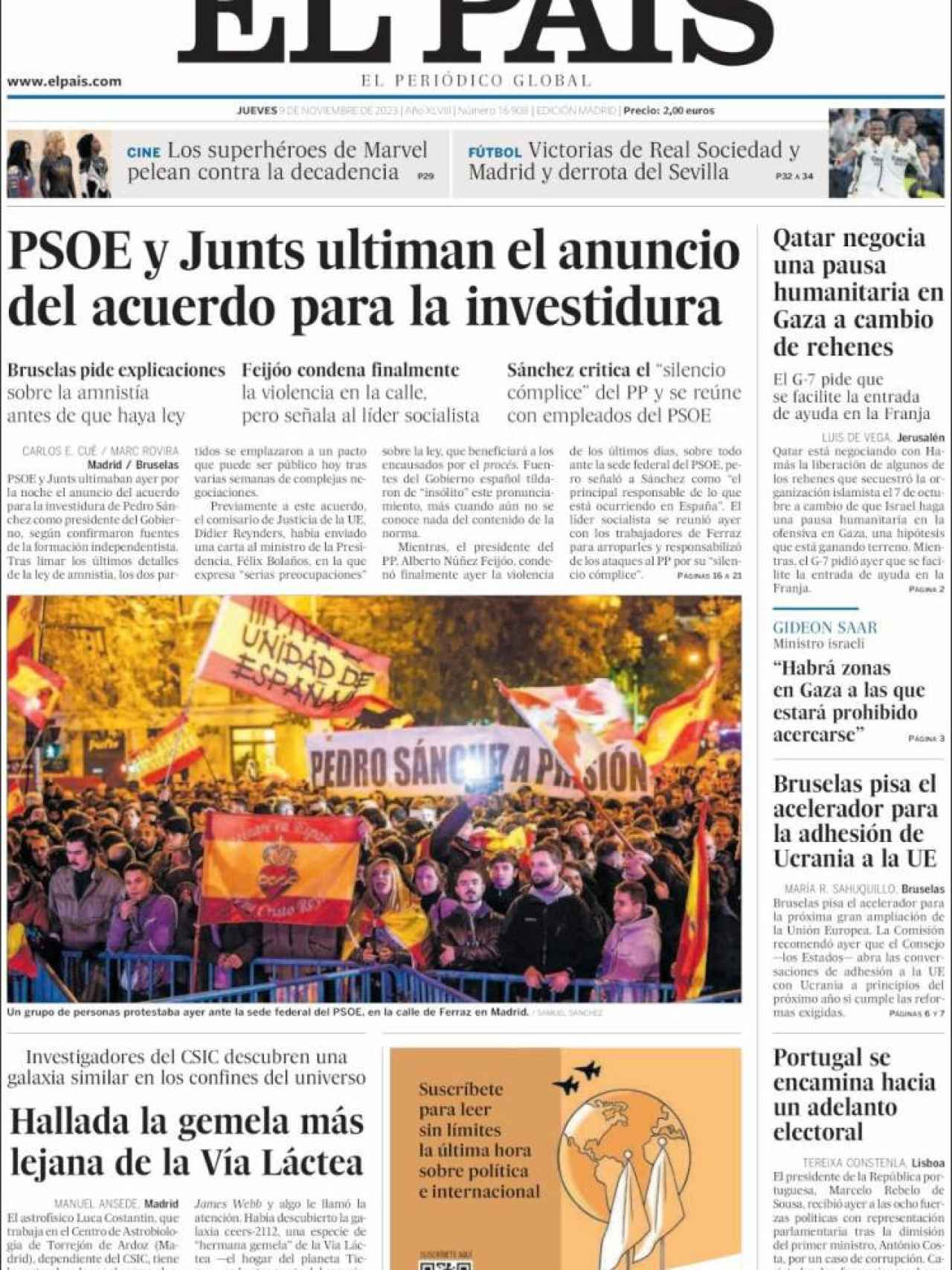 Portada de 'El País' de 9 de noviembre de 2023