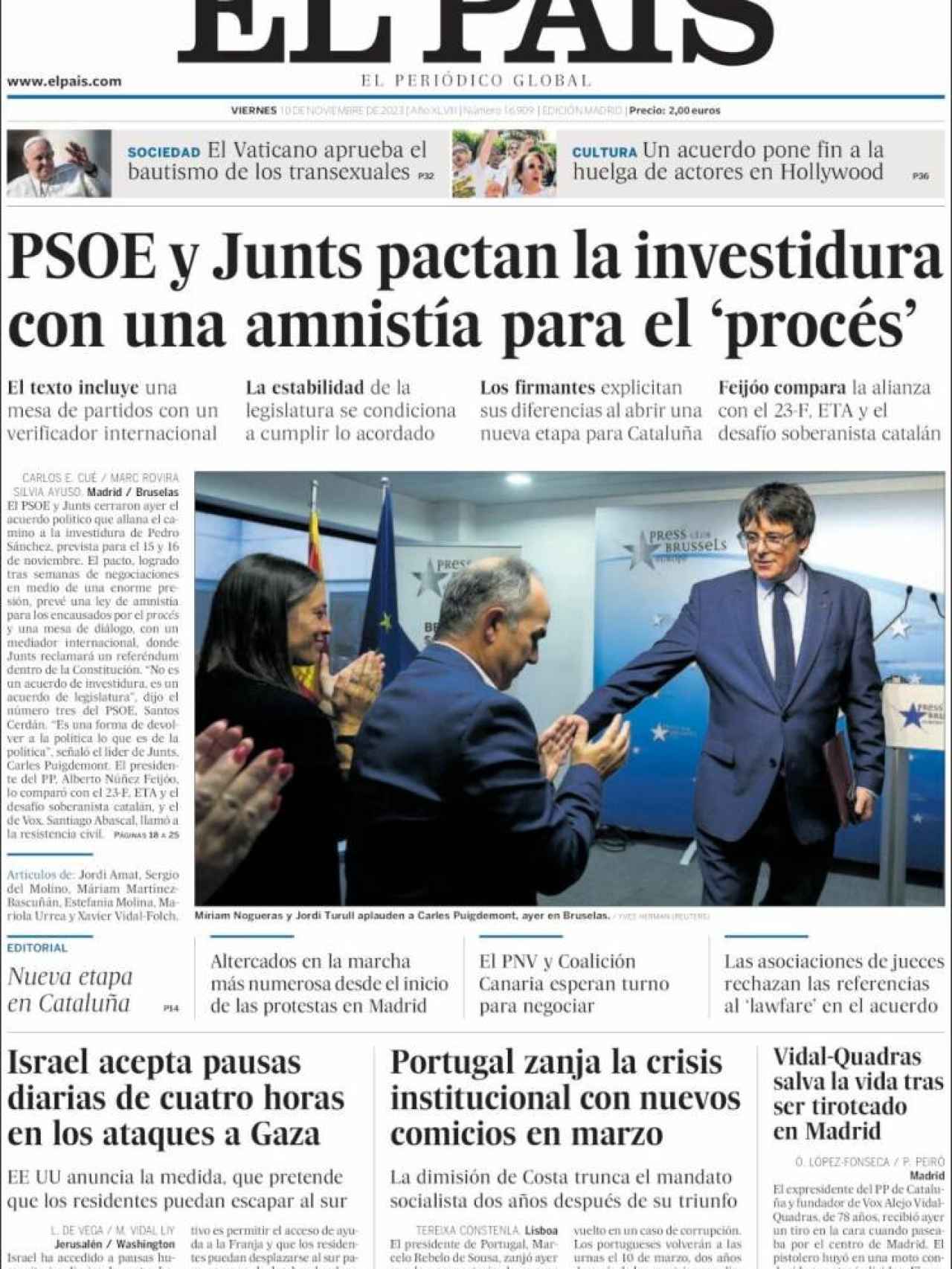 Portada de 'El País' de 10 de noviembre de 2023