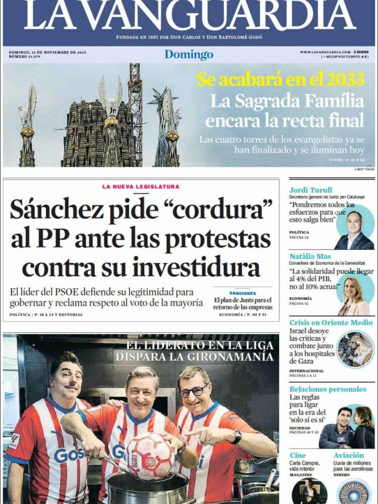 Portada de 'La Vanguardia' del 12 de noviembre de 2023