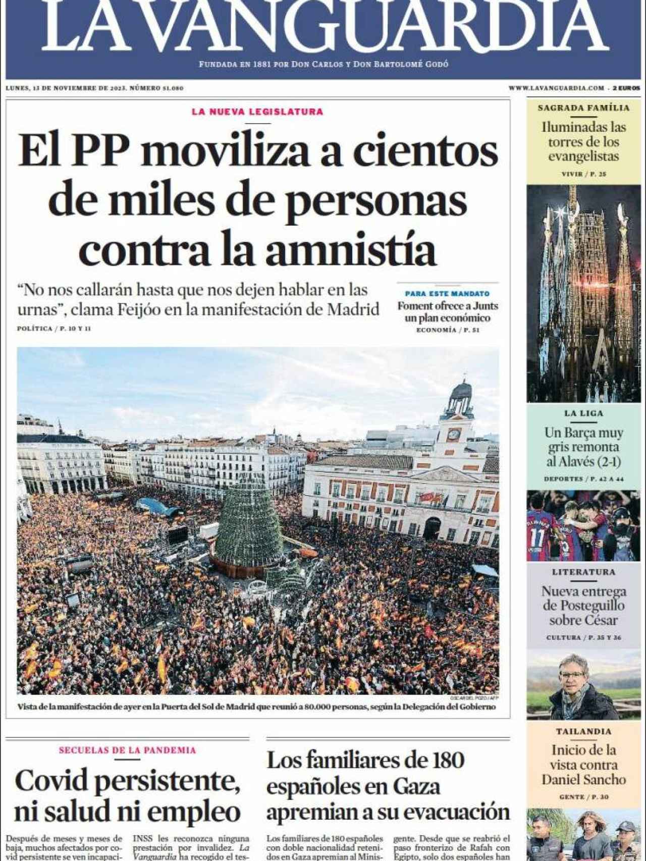 Portada de 'La Vanguardia' de 13 de noviembre de 2023
