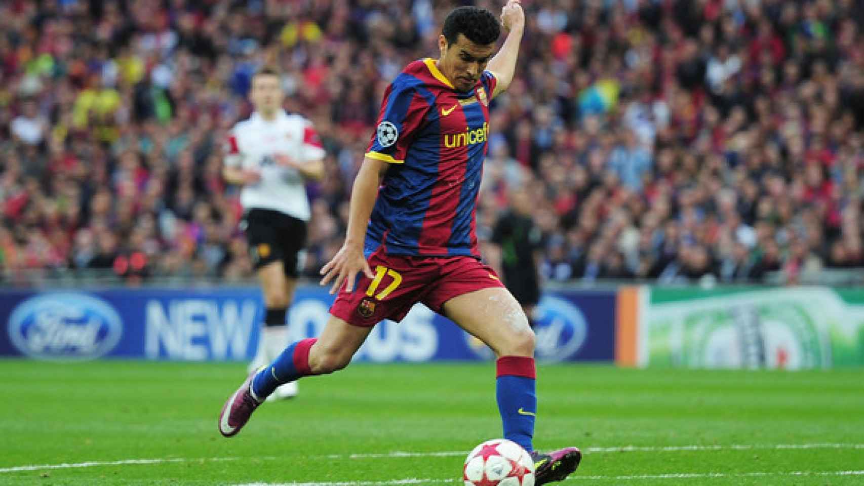 Pedro Rodríguez, en la acción de su gol al United en la final de la Champions de 2011