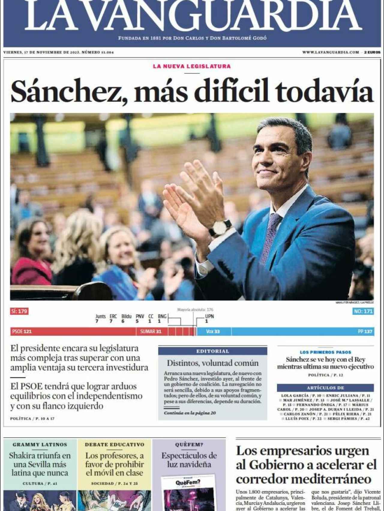 Portada de 'La Vanguardia' de 17 de noviembre de 2023