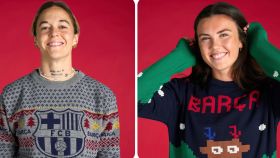 Mapi León e Ingrid Engen, con los nuevos jerseys navideños del Barça