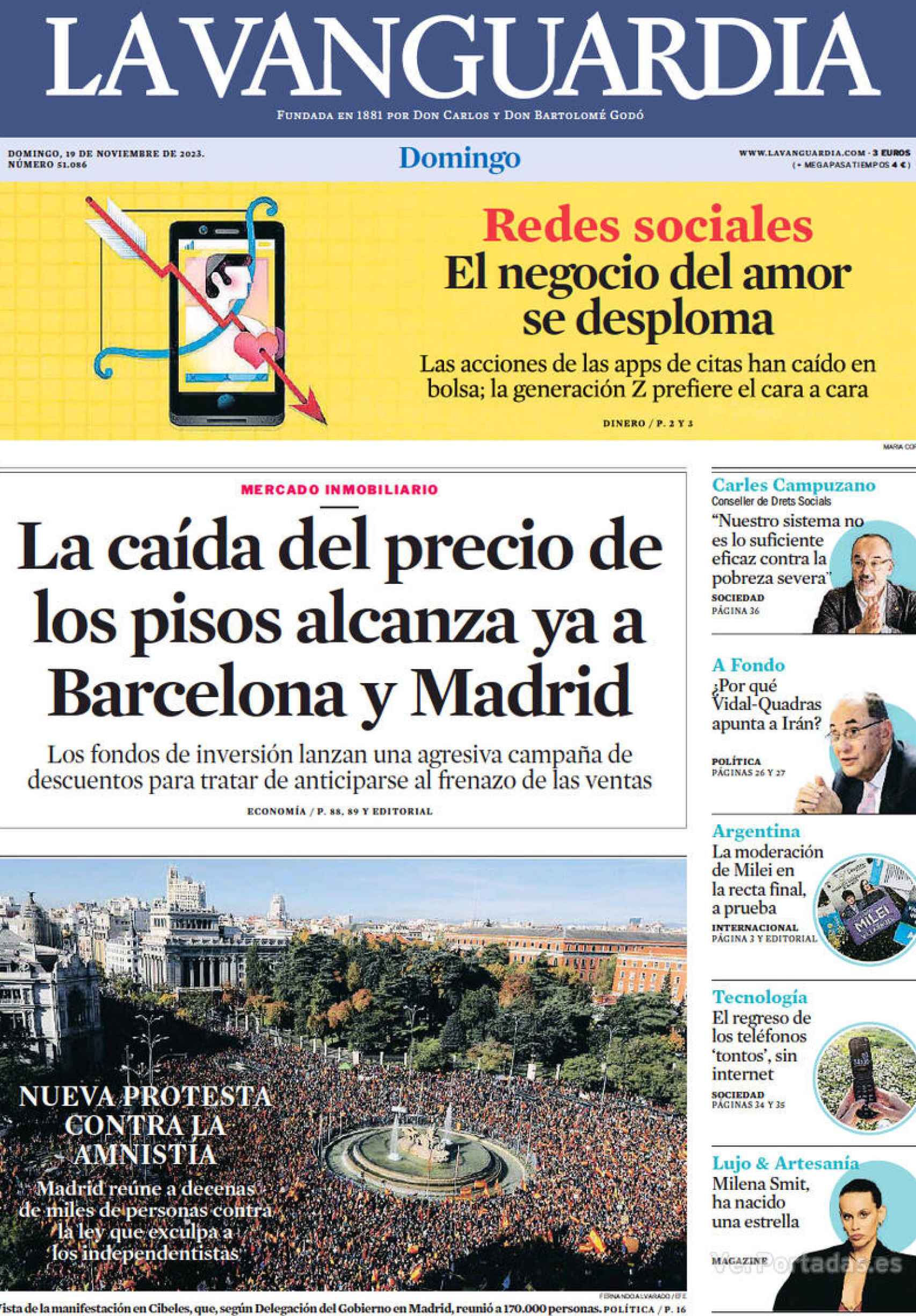 Portada de La Vanguardia, 19 de noviembre de 2023