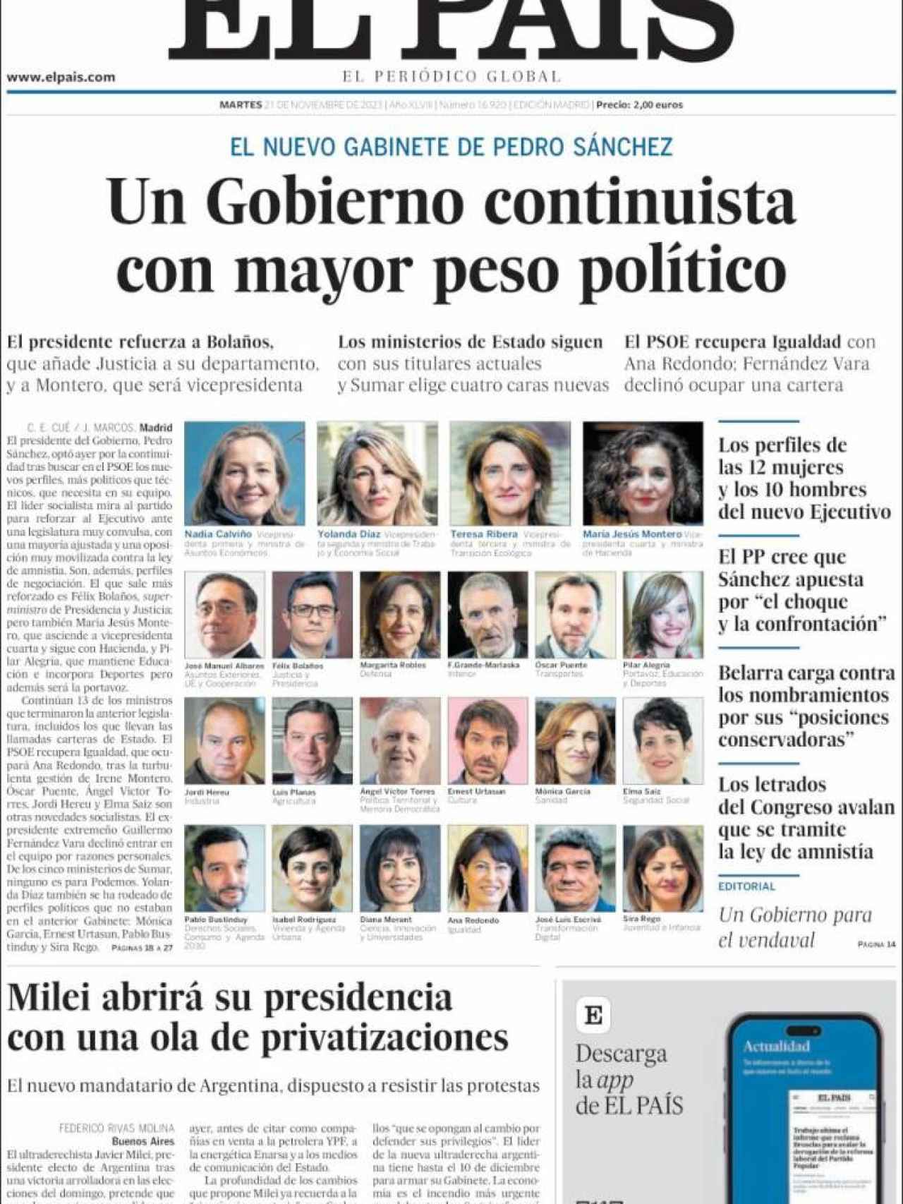 Portada de 'El País' de 21 de noviembre de 2023