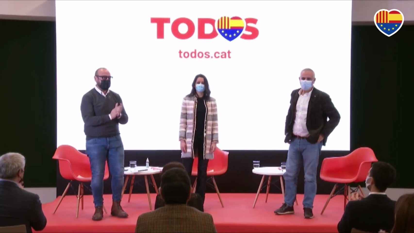 La expresidenta de Ciudadanos, Inés Arrimadas, el eurodiputado Jordi Cañas y el líder del partido en Cataluña, Carlos Carrizosa