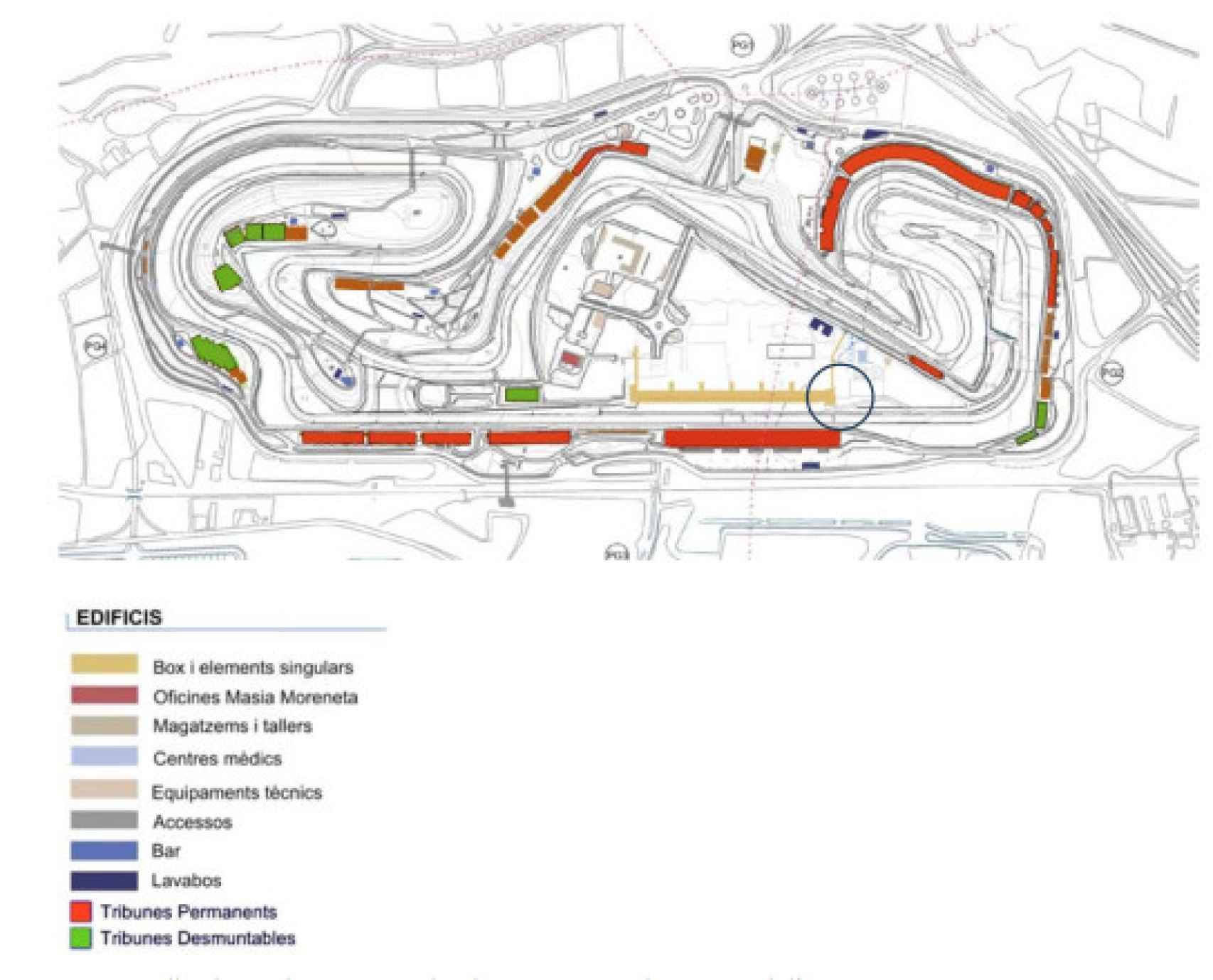 Mapa del Circuito de Montmeló. El círculo azul señala la ubicación de la torre de control y los boxes