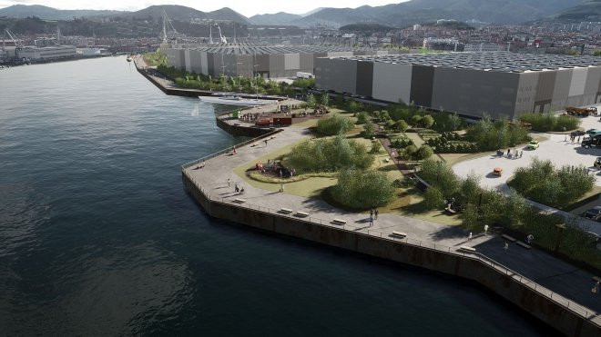 Recreación del parque logístico que la empresa belga VGP tiene pensado impulsar en los terrenos de La Naval de Sestao. VGP