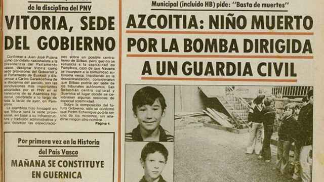 Portada de El Diario Vasco con el asesinato de Jos Mara Piris, uno de los 22 nios asesinados por ETA. / COVITE