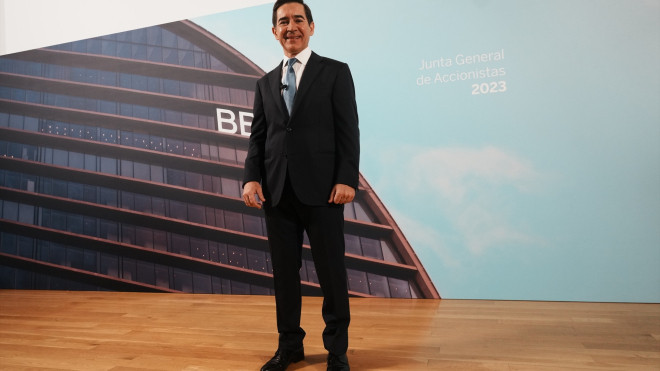 El presidente de BBVA, Carlos Torres Vila, en la Junta de Accionistas celebrada en el Palacio Euskalduna de Bilbao. / Europa Press