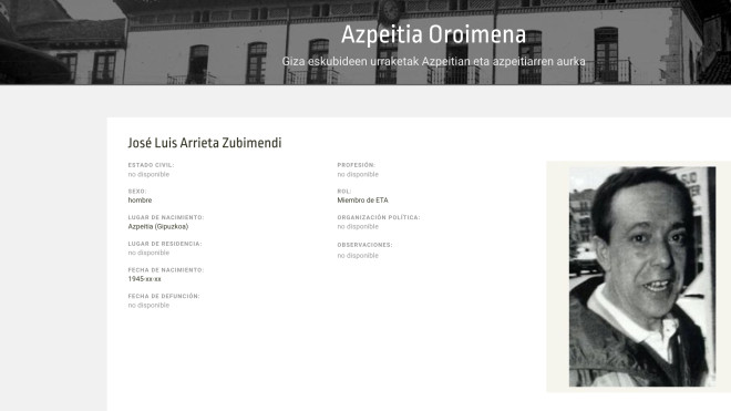 Imagen capturada de la web de 'Oriomena de Azpeitia dedicada al etarra José Luis ArrietaI / COVITE