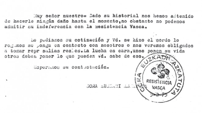 Carta enviado por Los Cabras a un empresario de Oñate en 1975 / Libro La bolsa y la vida.