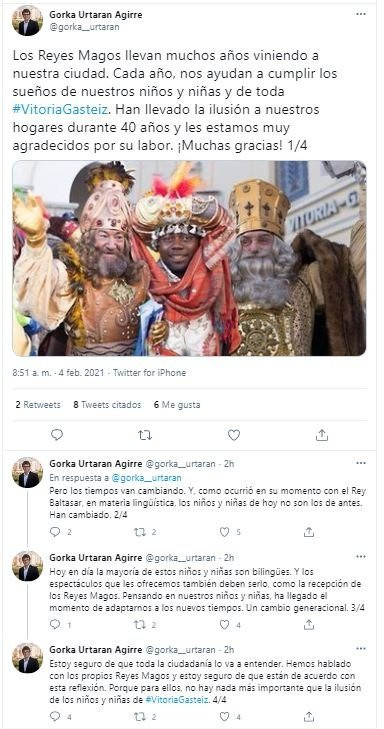 Hilo de Twitter del alcalde vitoriano Urtaran.
