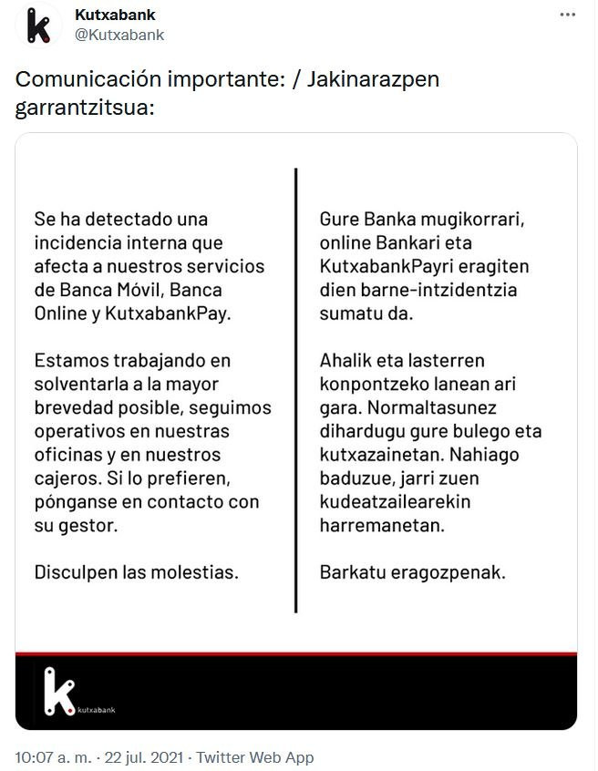 Mensaje en Twitter de Kutxabank comunicando la incidencia. / @kutxabank