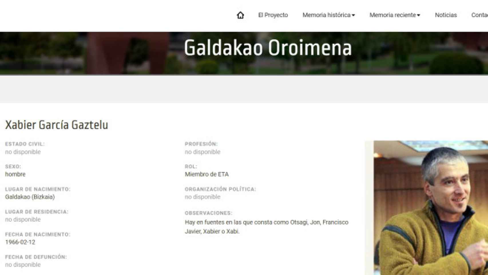 Captura del perfil de Xabier Garca Gaztelu 'Txapote' en la web Galdakao Oroimena