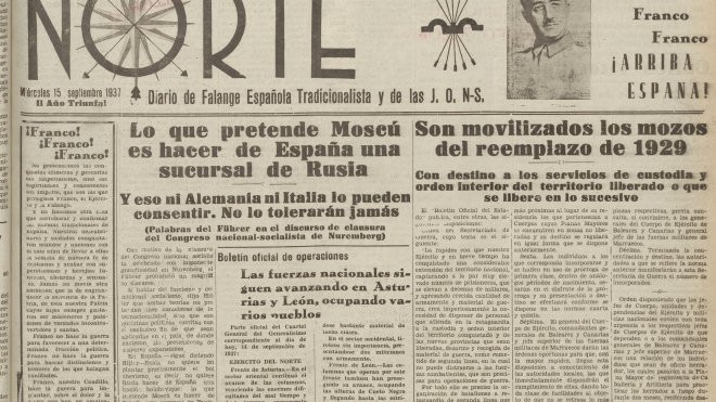 Portada de 'Norte', periódico falangista alavés del 15 de septiembre de 1937. / LIBURUKLIK