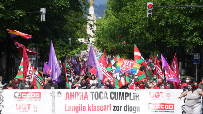 Manifestación de CCOO y UGT Euskadi en Bilbao con motivo del Primero de Mayo. / EP