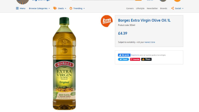 Precio de una botella de aceite Borges en el supermercado B&M de Reino Unido / Consumidor Global