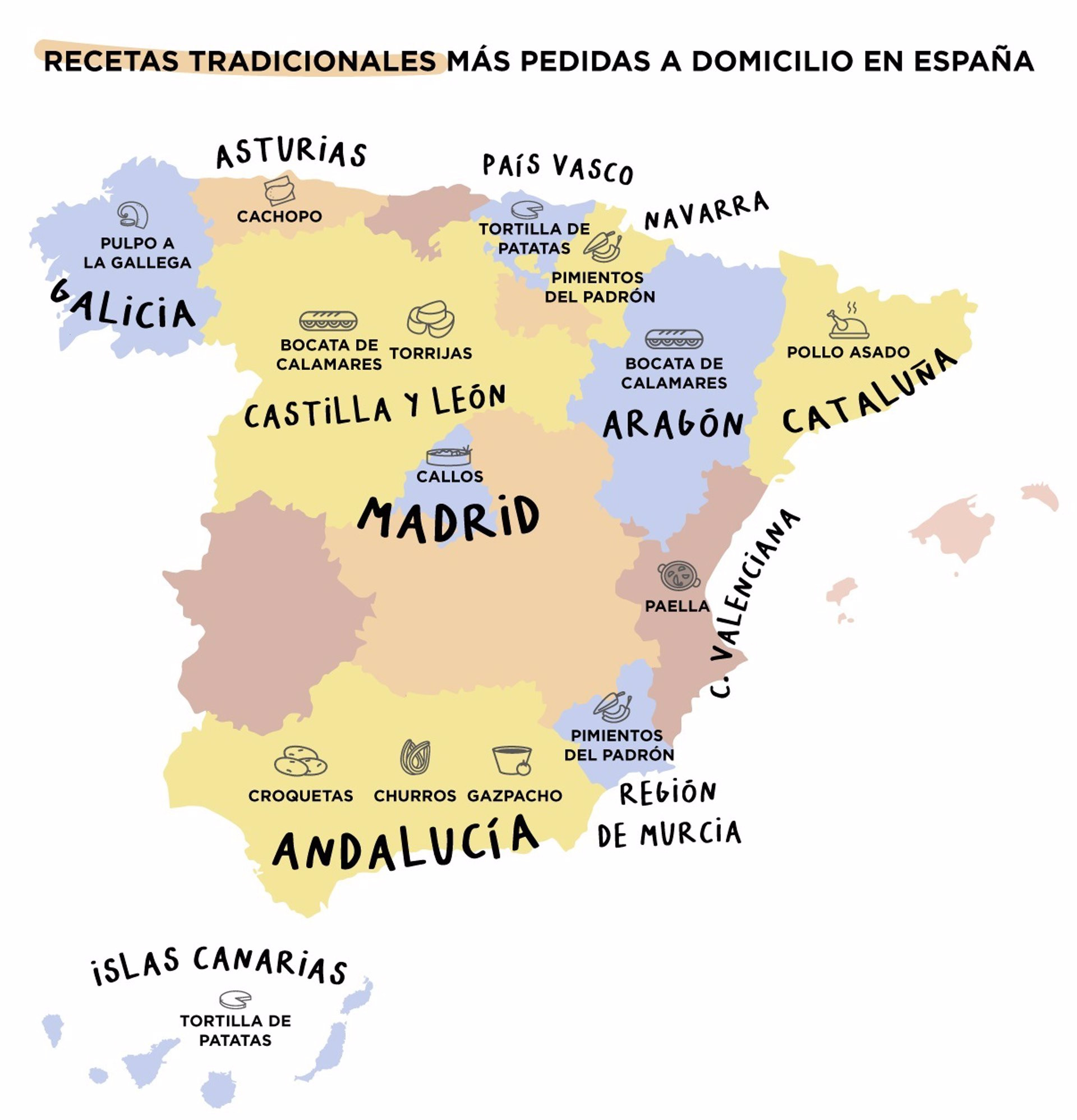 Infografía de España con las recetas tradicionales más pedidas a domicilio. / GLOVO