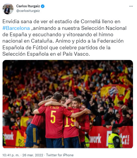 Tuit de Carlos Iturgaiz solicitando que la Selección vuelva a jugar en Euskadi / CV