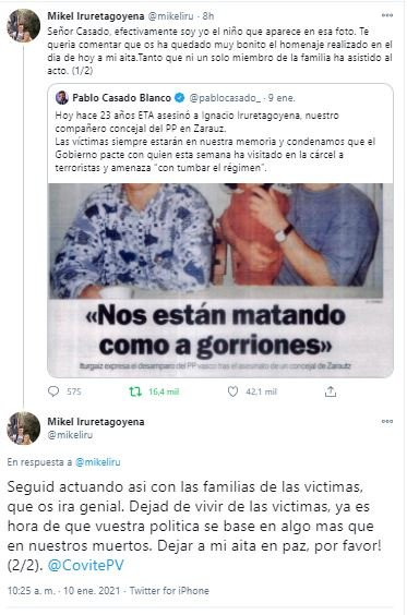 Tweet de Mikel Iruretagoiena recriminando a Casado su actitud con las víctimas./ TW