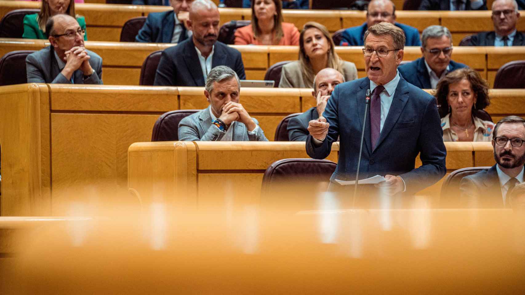 El presidente del Partido Popular, Alberto Núñez Feijóo, interviene durante una sesión plenaria en el Senado / GABRIEL LUENGAS -EP
