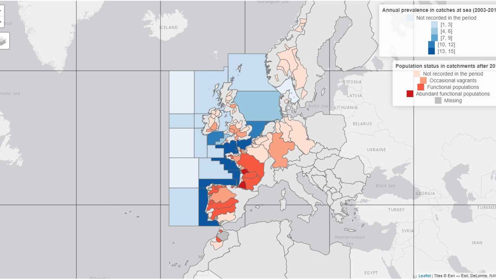 Mapa del estudio donde se ve la prevalencia de los peces diádromos en la cuenca Atlántica europea.