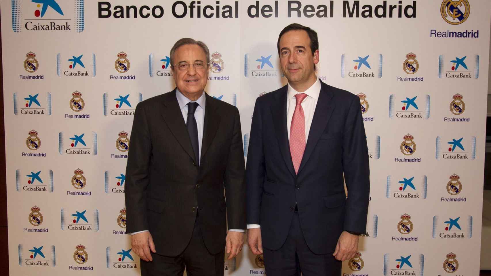 El consejero delegado de CaixaBank, Gonzalo Gortázar, y el presidente del Real Madrid, Florentino Pérez