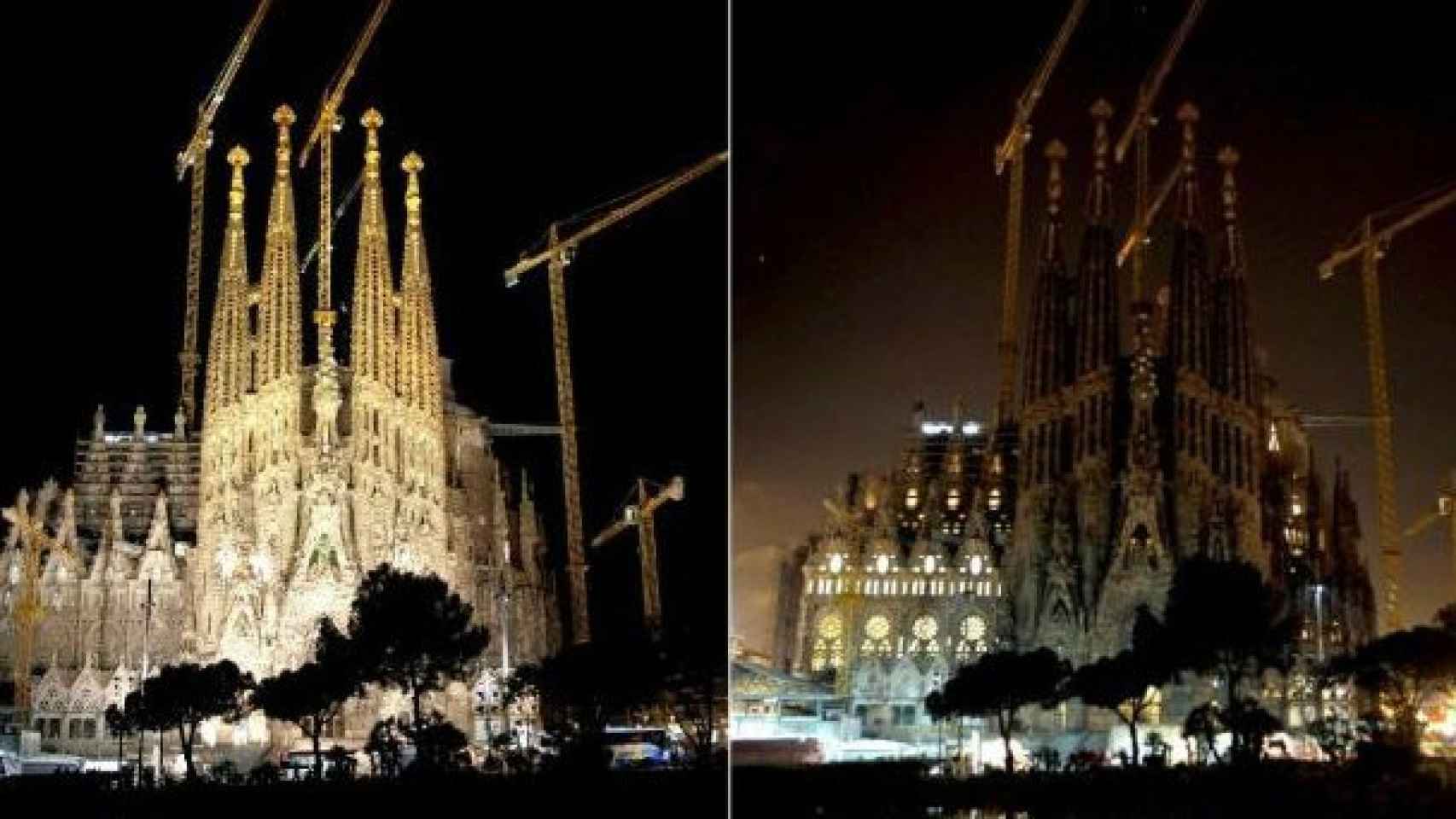 La fachada de la Sagrada Família de Barcelona antes y después del apagón solidario de 2016 / EFE