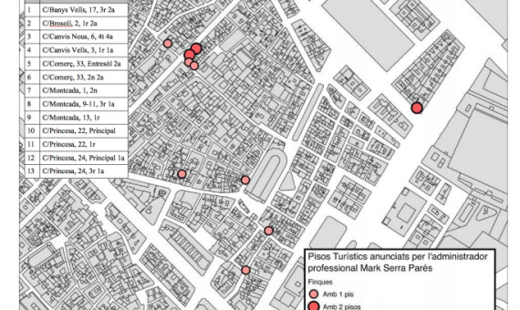 Mapa de Ciutat Vella No Està en Venda y la ABTS con los pisos anunciados por Mark Serra