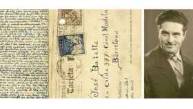 Una de las cartas que conserva la hija de Anna Solà y Josep Batalla junto a un retrato de la pareja