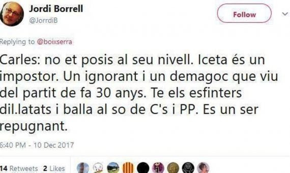 Imagen con el tuit ofensvo de Jordi Borrell contra Miquel Iceta