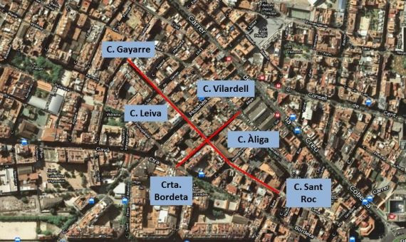 Área de Hostafracs afectada por las obras de mejora y peatonalización de las calles de Leiva y de l'Àliga