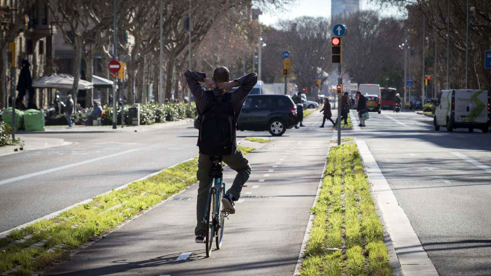 Un ciclista circulando de forma despreocupada por uno de los carriles bici de Barcelona / HUGO FERNÁNDEZ