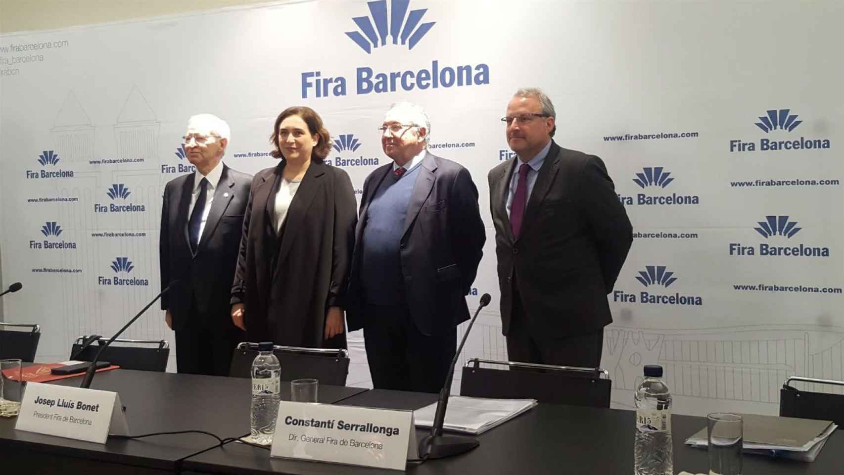 De izquierda a derecha, Valls, Colau, Bonet y Serrallonga, durante la rueda de prensa / EUROPA PRESS