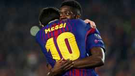 Messi y Dembélé, celebrando un gol del Barça / Archivo