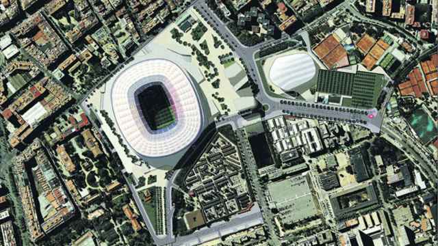 Simulación de una vista área del futuro Espai Barça, donde destacan el Nou Camp Nou y el nuevo Palau Blaugrana / FAVB